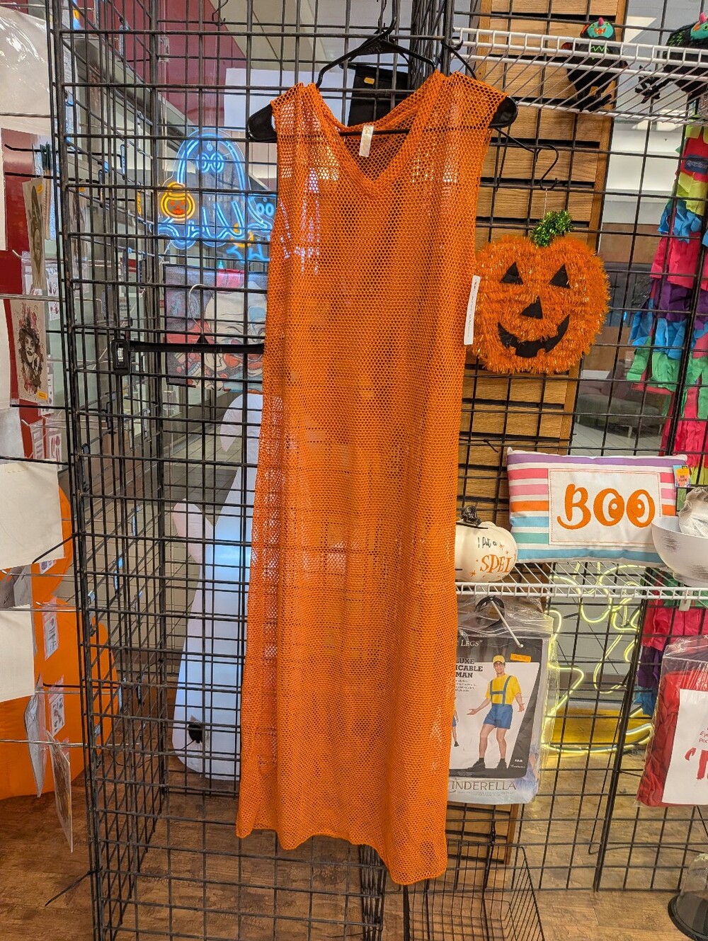 New Women's Neon Orange Fishnet Maxi Dress